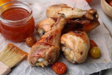 Marinade, basting brush, roasted chicken drumsticks and tomatoes on table, closeup