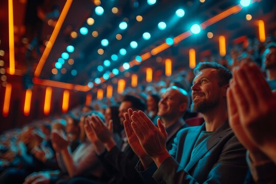 An immersive scene inside a modern theater hall, with anonymous audience members clapping, encapsulating the atmosphere of live performance appreciation
