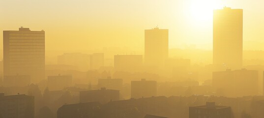 Foggy urban landscape  modern city skyline enveloped in mist for an eerie atmosphere