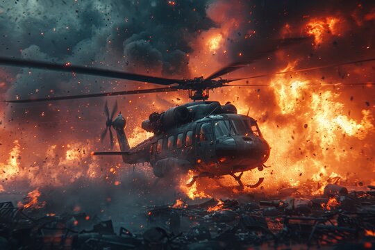A dramatic action scene depicting a military helicopter manoeuvring through an overwhelming explosion, highlighting the intensity of combat