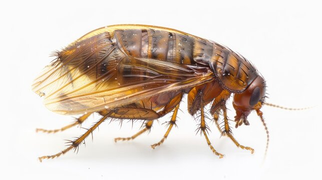 Flea pulex insect macro display on the skin of pets dogs and cats isolated on a white background.