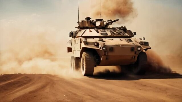 Military armored vehicle crosses minefields and smoke in the desert	