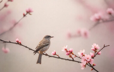 Colorful Bird Perched on a Branch Painting with Pink Accents