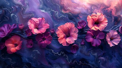 Create a vibrant depiction of the Milky Way using a cascade of variously sized pink and purple petunias - obrazy, fototapety, plakaty