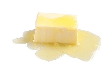 Piece of melting butter on white background