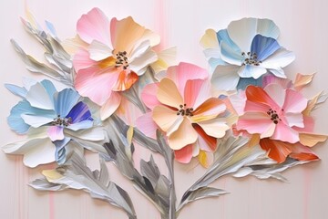 Abstract pastel iridescent flowers ripped paper art pattern plant.