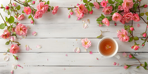 a cup of green tea on white bench with floral background