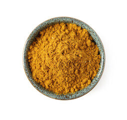 Dry curry powder in bowl isolated on white, top view