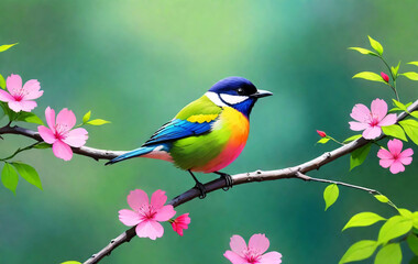 Vibrant Painting: Colorful Bird Perched on a Branch