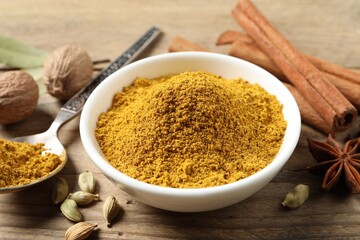 Dry curry powder in bowl, spoon and other spices on wooden table, closeup
