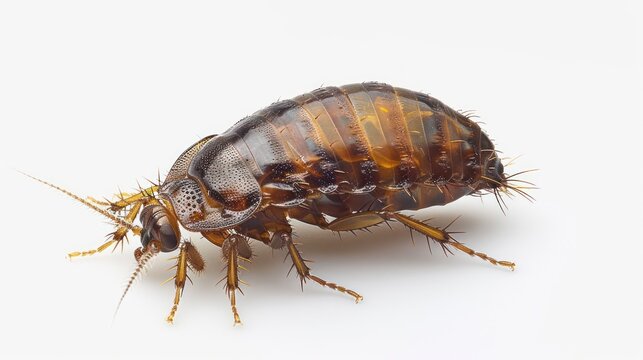 Flea pulex insect macro display on the skin of pets dogs and cats isolated on a white background.