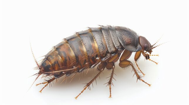 Flea pulex insect macro display on the skin of pets dogs and cats isolated on a white background.
