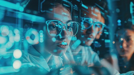 A woman wearing glasses is looking at a computer screen with a man behind her