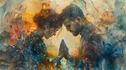 Painting of couple praying together, watercolour background