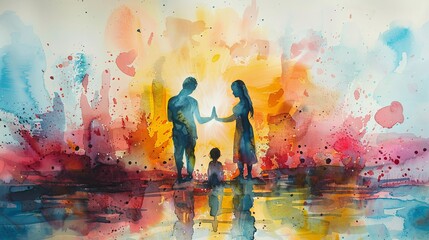 Painting of parents and child praying together, watercolour background