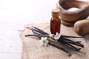 Vanilla pods, essential oil, flowers and sugar in bowl on light gray table, space for text