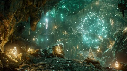 The walls of the remote cave are covered in intricate symbols and glowing crystals illuminating the mysterious enclave and revealing . .