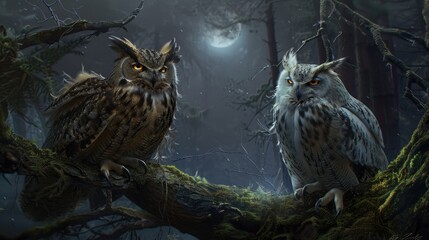 Two owls are sitting on a tree branch in the dark