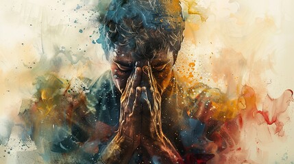 Painted portrait of a man praying with folded hands