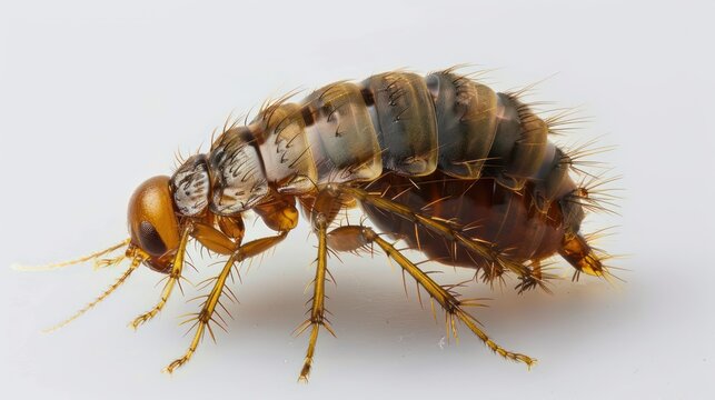 Flea pulex insect macro display on the skin of pets dogs and cats isolated on a white background.