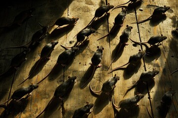 A bunch of dead mice are on a wooden surface
