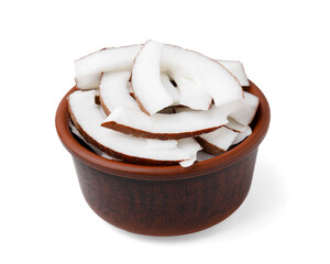 Coconut pieces in bowl isolated on white