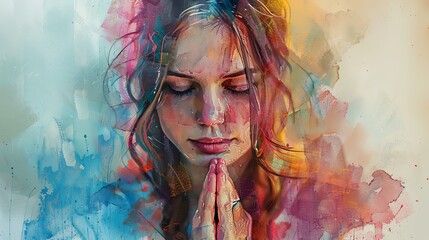 Painted portrait of a woman praying with folded hands - obrazy, fototapety, plakaty