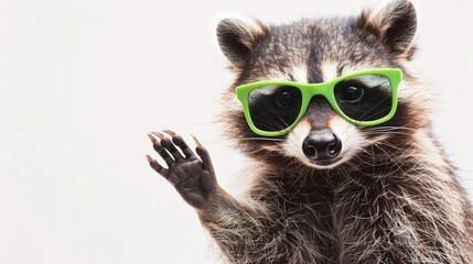 Fun Party. Cheerful Raccoon with Stylish Green Sunglasses Showing Rock Gesture