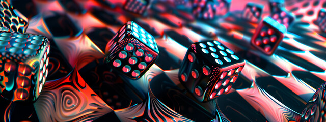 A close-up view of mesmerizing psychedelic abstract colorful dice, adding an element of surprise and intrigue to the casino atmosphere