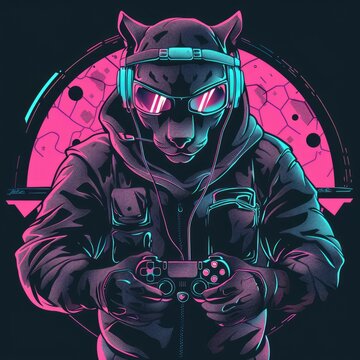 A portrait stealthy and mysterious panther, wearing a ninja outfit and holding a game controller in neon colors, AI Generative