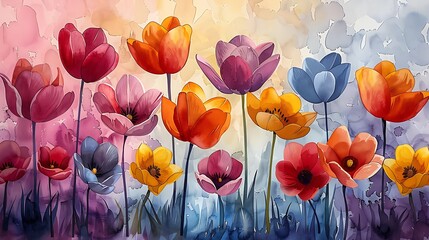 Create a digital collage of various spring flowers like tulips and daffodils, using graphic design tools to arrange them in a vibrant, overlapping pattern