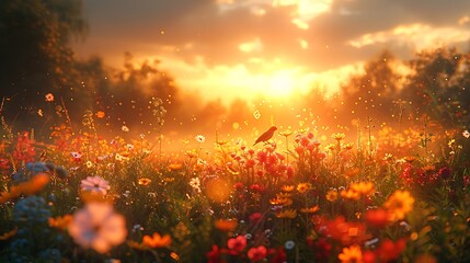 Create a late afternoon setting in the wildflower meadow, with the sun beginning to set and casting golden hues across the landscape