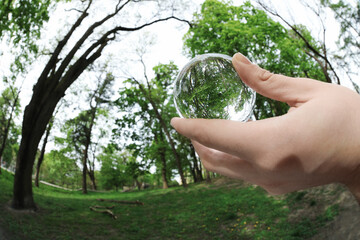 Beautiful green trees outdoors, overturned reflection. Man holding crystal ball in park, closeup....
