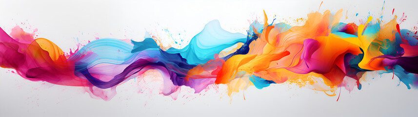 Long banner format background of modern colorful paint splash on a white background