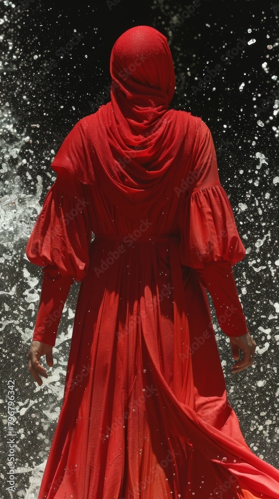 Wall mural A woman in a red dress walking through water, AI