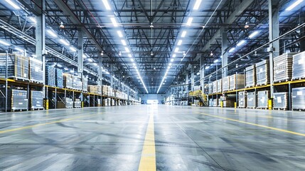Obraz premium Warehouse industrial and logistics companies. Commercial warehouse. Huge distribution warehouse with high shelves. Low angle view.