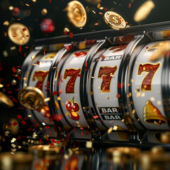 A vibrant slot machine displays a winning combination of sevens, surrounded by a dynamic swirl of coins 