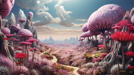 A portrait surreal and dreamlike landscape filled with psychedelic elements. with a fantastical world with floating islands, swirling clouds, and vibrant flora, AI Generative