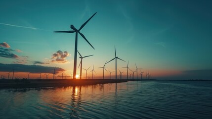 Landscape Windmills over river. Wind turbines for power generation before sunset