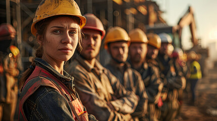 Fototapeta premium A group of construction workers wearing yellow helmets stand in a line. A woman in the middle of the line is wearing a hard hat and a red vest