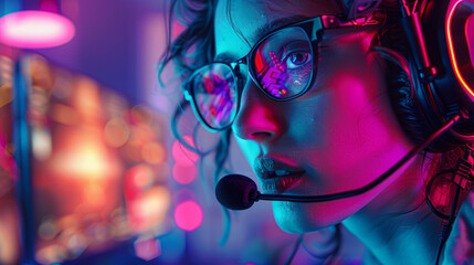 A woman wearing a headset and glasses is looking at a computer screen. The image has a futuristic and neon feel to it, with the woman's appearance