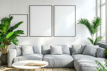 Mock up posters on white wall in modern living room interior. Concept Mockups, Posters, White Wall, Modern Living Room, Interior
