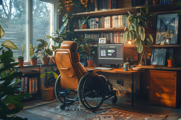 A wheelchair user sits at a desk with a computer and a potted plant. The room is filled with bookshelves and potted plants, creating a cozy and comfortable atmosphere