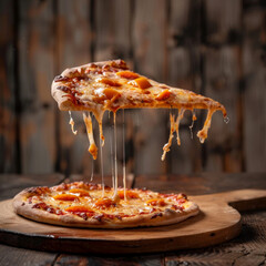 Piece of pizza with melting cheese levitating over a wooden cutting board.