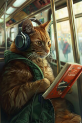 A cat wearing headphones and reading a book is seated as a passenger on a bus, enjoying some music.