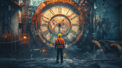 A man stands in front of a large clock with roman numerals. The clock is surrounded by fire, giving the scene a dark and ominous mood - obrazy, fototapety, plakaty