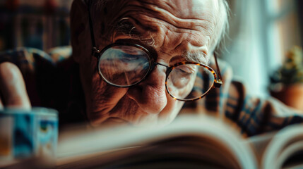 A senior engrossed in reading magnified through glasses