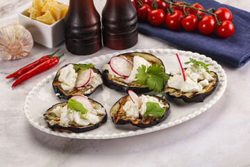Grilled eggplant with cheese and radish