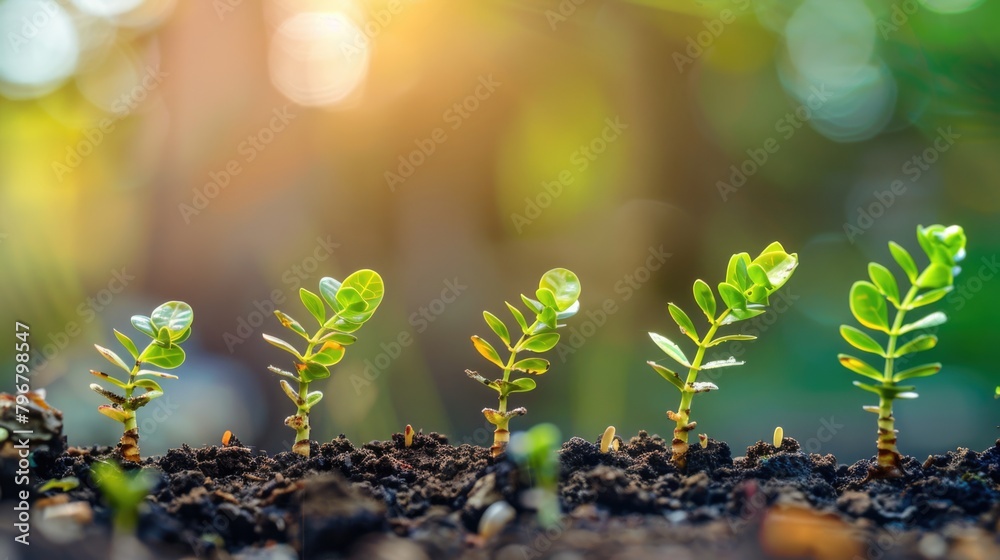 Wall mural spring growth. young plant and flower in green nature background