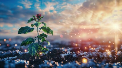 Hands holding soil with a small plant growing from it,planting green plants,AI generated image.